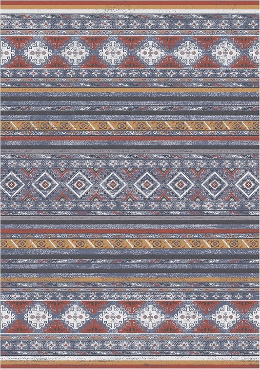 RUGSURE Washable Area Rugs 5' x 7' - 1/6 Thick - Moroccan-Inspired -Stain & Water Resistant Non-Slip - Resistant Rug for Living Room, Bedroom, Nursery, Pet & Child Friendly (Blue and Red)
