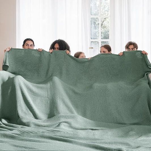 Bedsure Gentlesoft 100% Cotton Large Blanket Oversized King for Bed - Breathable Thick Waffle Weave Blanket for Summer, Couch Cover, Sage Green, 120x94 inches