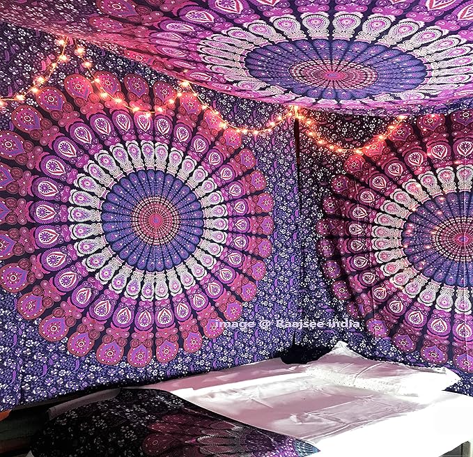 raajsee Indian Cotton Purple Tapestry Mandala Wall Hangings, Hippie Tapestries,Boho Throw Bohemian Bedding, Beach Blanket, Yoga Meditation Rugs Queen Bedspread Queen (82x92 Inches / 210x232 Cms)