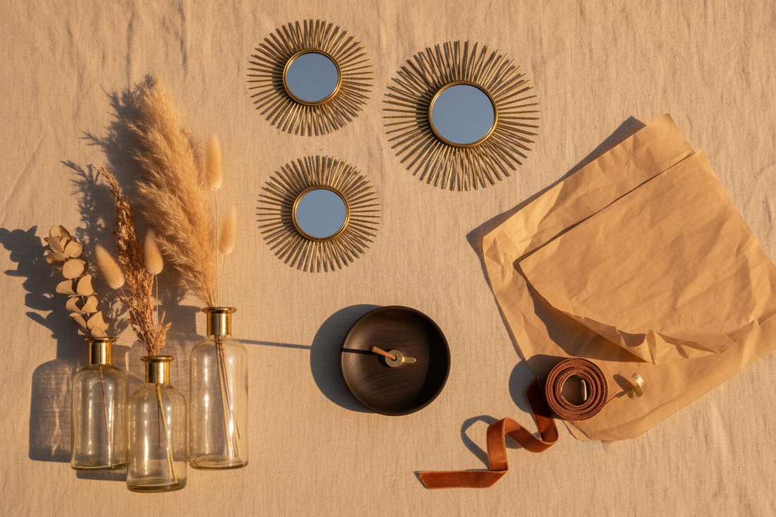 Thanksgiving hostess gift set featuring gold rim vases, sunburst wall mirrors, and a black walnut incense holder styled on a warm linen surface