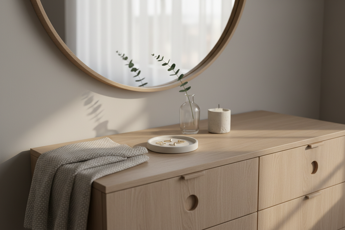 Matte white ceramic jewelry dish on a minimalist bedroom dresser styled with a bud vase and candle