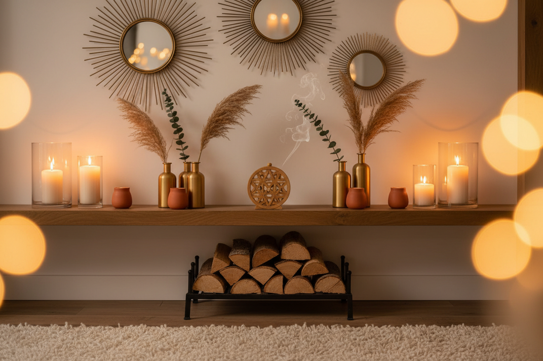 Fall mantle styled with sunburst wall mirrors, gold rim vases with dried stems, and a wooden incense holder for October 2026