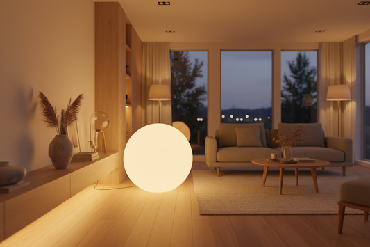 Modern living room with layered ambient lighting, spherical warm-glow lamp, minimalist decor, and ceramic vase on wooden shelf