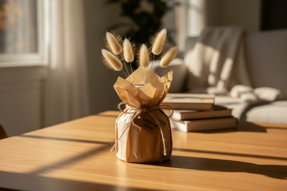 Housewarming gift set with ceramic vases and dried pampas grass for new homeowners in fall