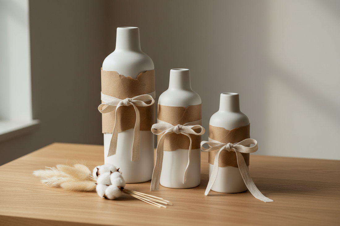 Minimalist ceramic vase set styled as a housewarming gift with dried pampas grass and cotton stems on a warm neutral surface