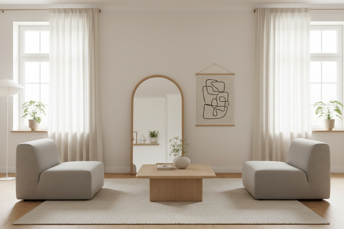 Minimalist new apartment living room with arched decorative mirror, hanging fabric wall art, and linen curtains on a sunlit focal wall