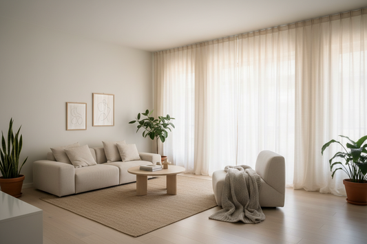Sheer linen curtains hung ceiling-height in a bright minimalist living room to make the space look bigger