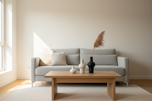 Small apartment living room decorated with ceramic vases and minimal decor for first-time renters
