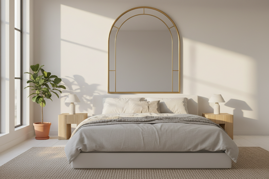 A beautiful and serene minimalist living space styled with a wall mirror and organic decor elements that maximize light and create an expansive sanctuary, by Fit-Flow.