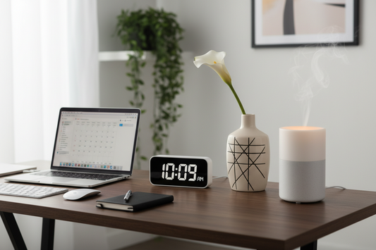 Professional minimalist digital clock, abstract line vases, and aroma diffusers creating a serene and productive workspace sanctuary, by Fit-Flow.