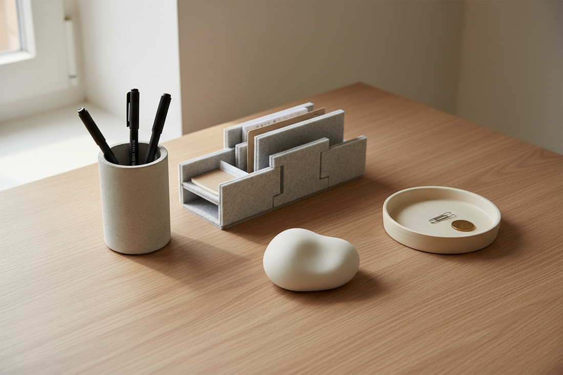 Minimalist back-to-school desk setup with concrete pen holder, modular organizer, and catch-all tray on a light wood desk