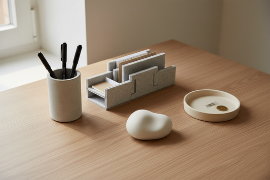 Minimalist back-to-school desk setup with concrete pen holder, modular organizer, and catch-all tray on a light wood desk
