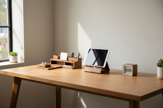 A minimalist and organized home office desk with wooden accessories and a digital clock, by Fit-Flow.
