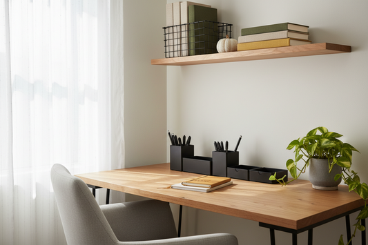 Minimalist home office desk with modular organizers, wire basket shelf storage, and warm neutral tones styled for fall productivity
