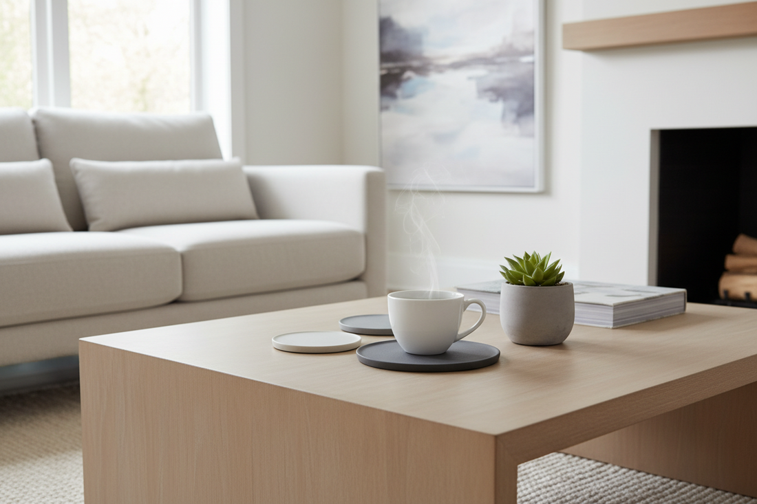 Professional coasters, minimalist desk organizers, and aroma diffusers creating a serene home sanctuary, by Fit-Flow.