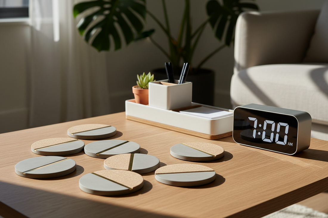 A minimalist living room styled with coasters, modular desk organizers, and a digital clock, by Fit-Flow.