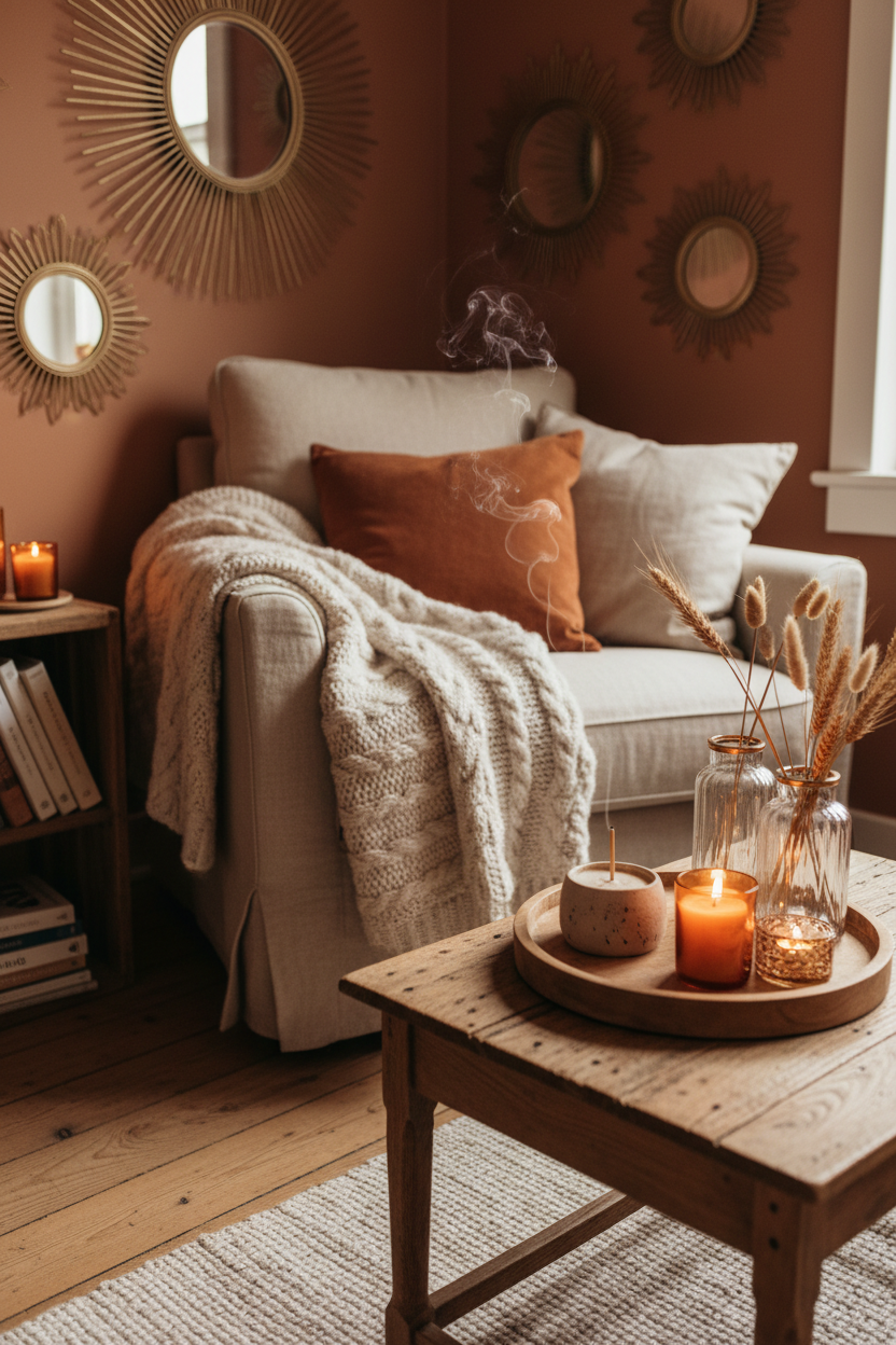 Hygge reading nook styled with incense holder, gold rim vases, and sunburst wall mirrors for fall 2026