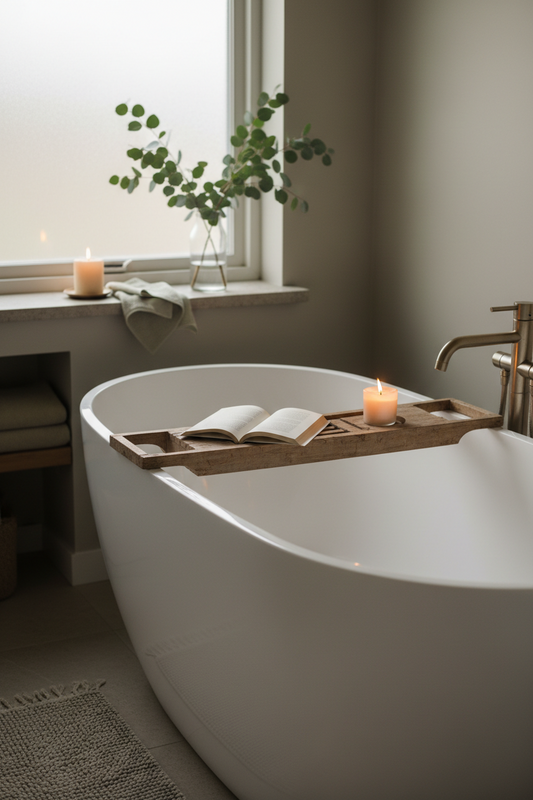 Cozy fall bathroom with wooden bathtub caddy, lit candle, and eucalyptus stems in minimalist decor