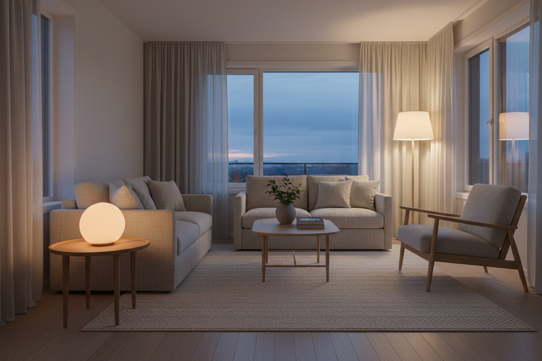 Minimalist living room with layered warm ambient lighting, spherical glow lamp and Nordic floor lamp creating a cozy Scandinavian atmosphere