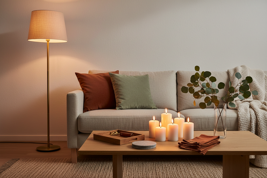 Cozy fall living room with catch-all tray, stone coasters, and rust cushion covers styled for a home gathering