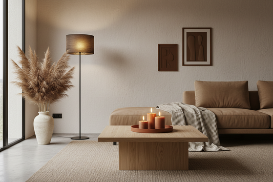 Cozy fall living room with candles, ambient floor lamp, and soft textiles in minimalist Japandi style