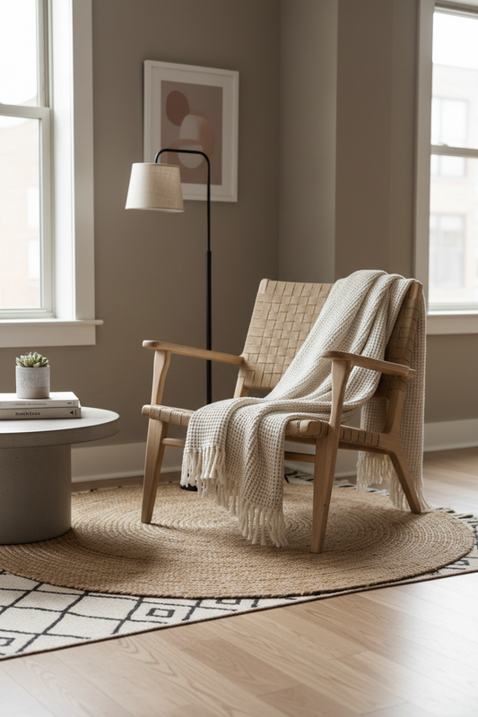 Cozy home sanctuary featuring rugs (small), cotton waffle knit throws, and organic curve ceramic vases, by Fit-Flow.