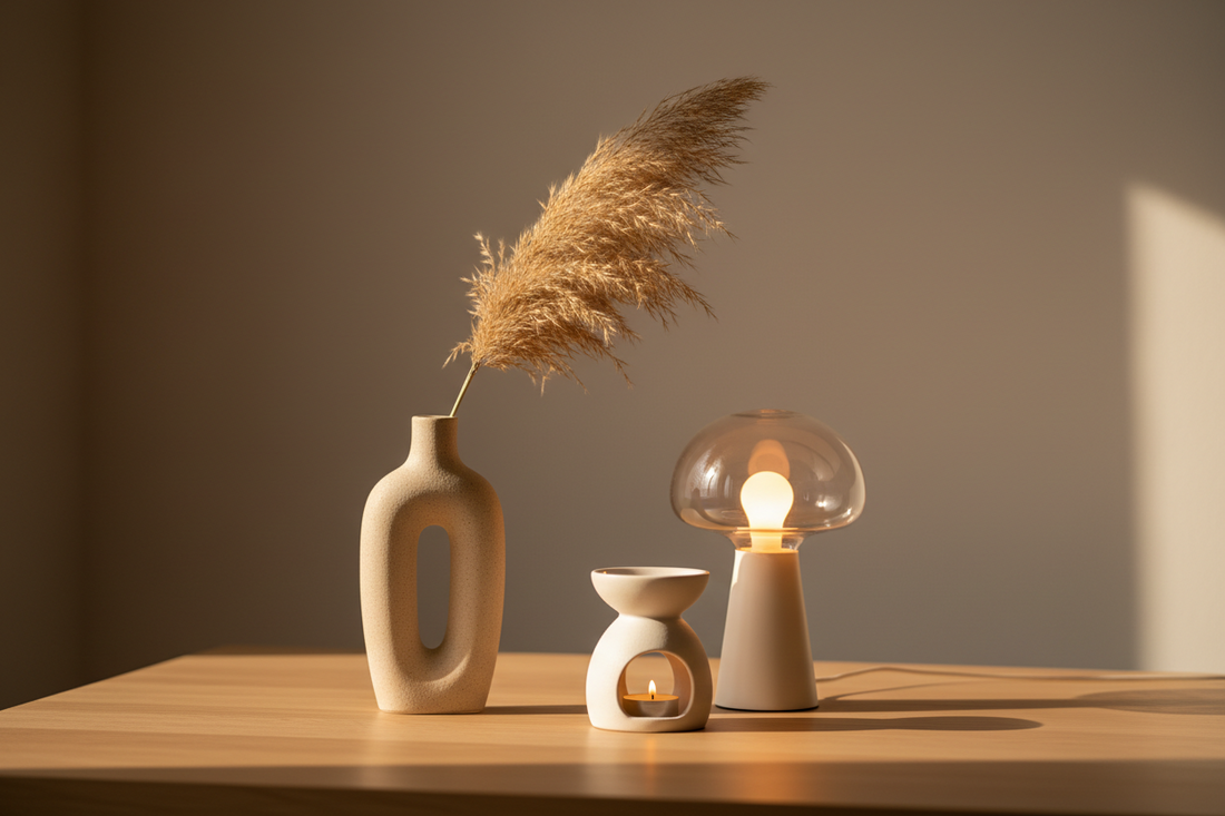 Curated fall home decor gift set with ceramic vase, mushroom lamp, and oil burner styled on a minimal oak surface