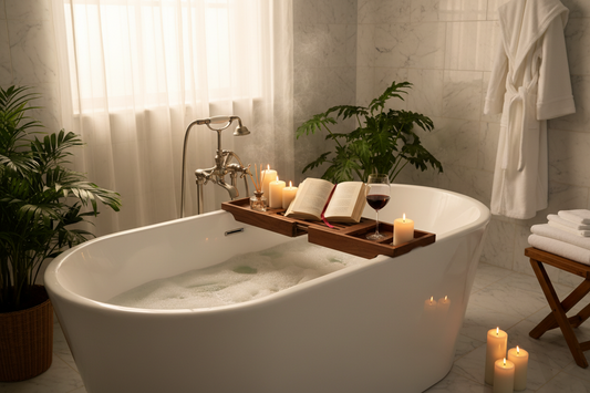 Professional bathtub caddy, scent candle, and abstract line vases creating a serene home bathroom sanctuary, by Fit-Flow.