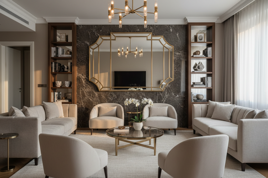 A professional home sanctuary setup featuring deco wall mirror, abstract line vases, and minimalist digital clock, by Fit-Flow.