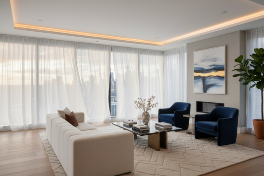 A professional home sanctuary setup featuring curtains, cotton waffle knit throws, and deco wall mirror, by Fit-Flow.