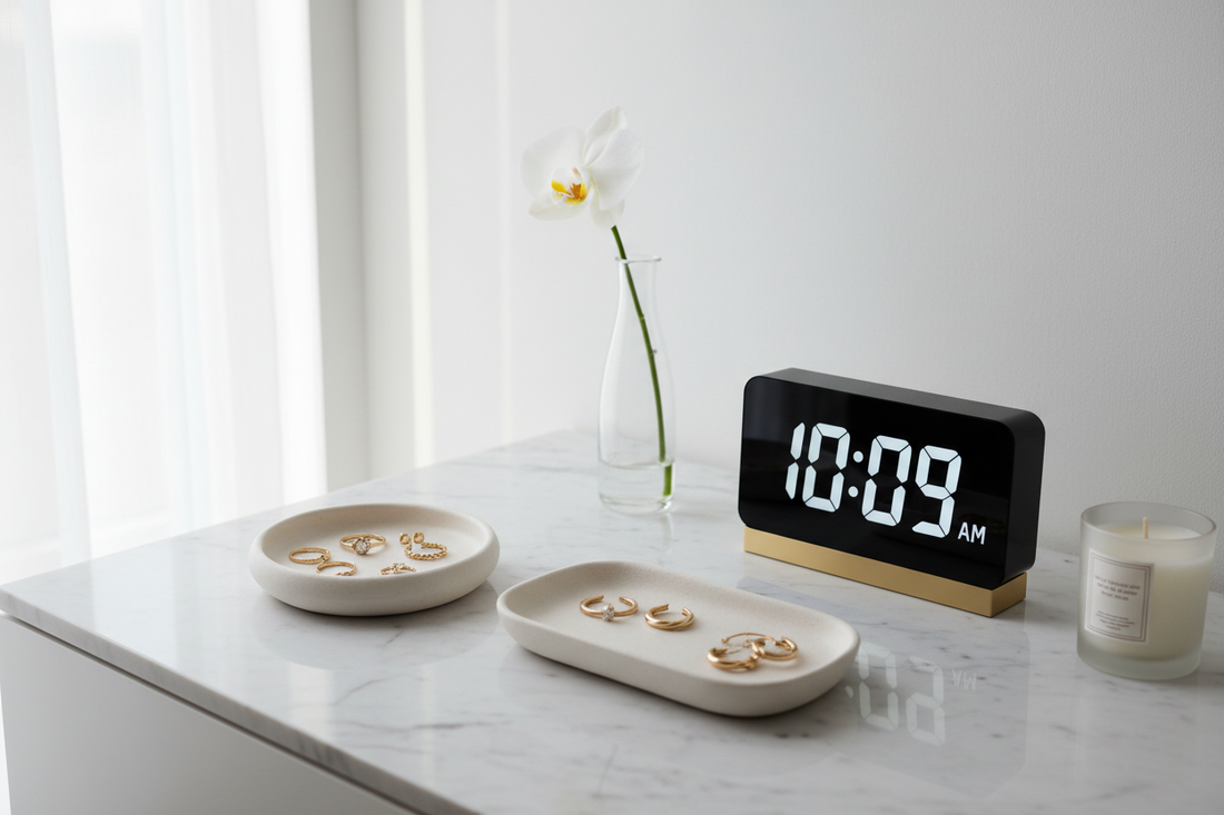 Professional jewelry dishes, minimalist digital clock, and abstract line vases creating a serene and organized vanity sanctuary, by Fit-Flow.