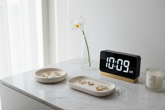 Professional jewelry dishes, minimalist digital clock, and abstract line vases creating a serene and organized vanity sanctuary, by Fit-Flow.