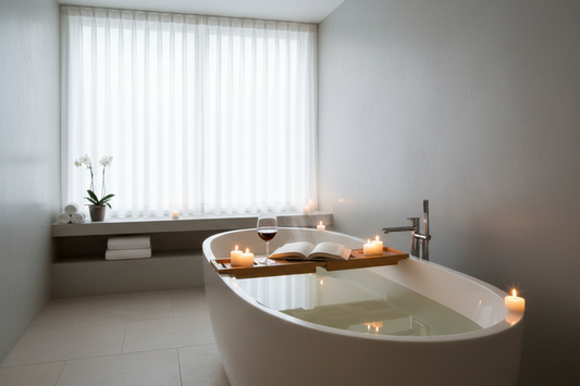 A professional home sanctuary setup featuring bathtub caddy, scent candle, and cotton waffle knit throws, by Fit-Flow.