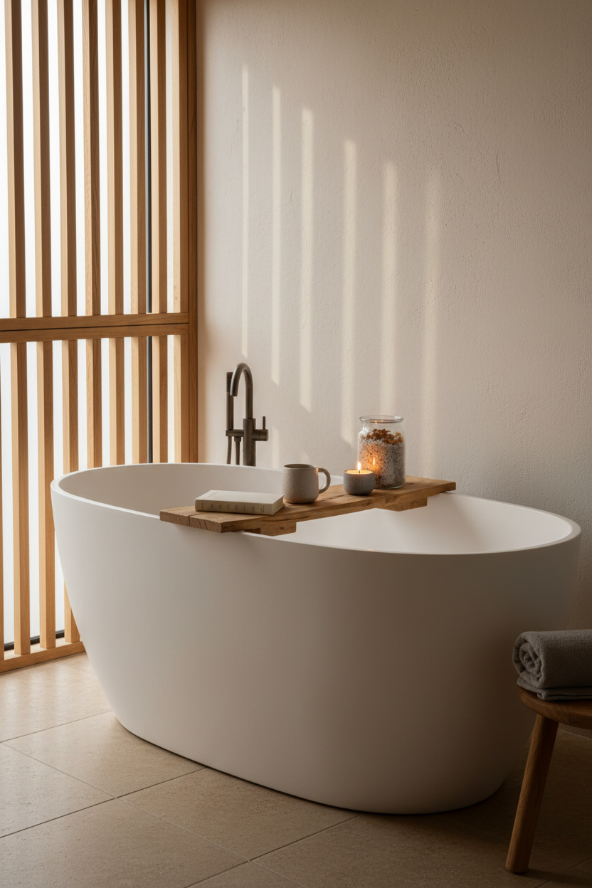 Minimalist bathtub caddy styled for fall with a book, ceramic mug, and glass jar on a white soaking tub