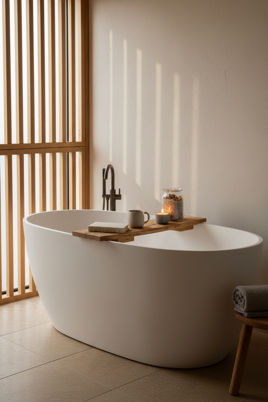 Minimalist bathtub caddy styled for fall with a book, ceramic mug, and glass jar on a white soaking tub