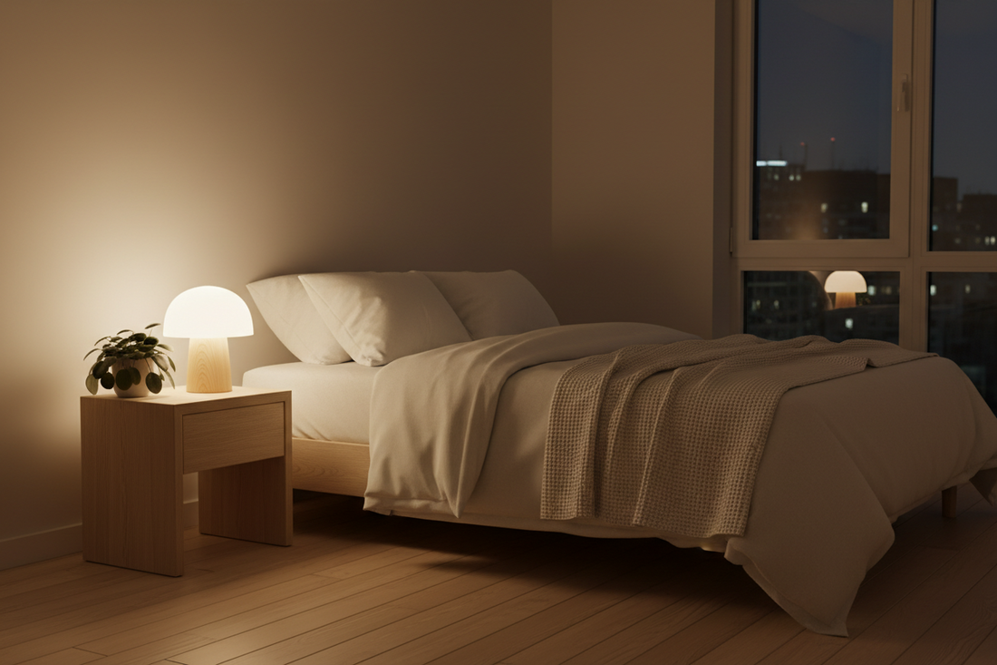 A cozy minimalist bedroom setup featuring a mushroom lamp and cotton waffle knit throw, by Fit-Flow.