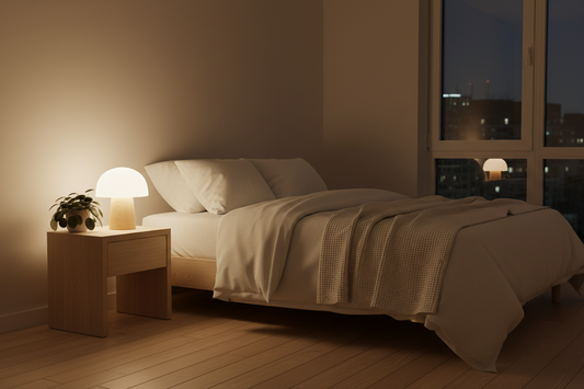 A cozy minimalist bedroom setup featuring a mushroom lamp and cotton waffle knit throw, by Fit-Flow.