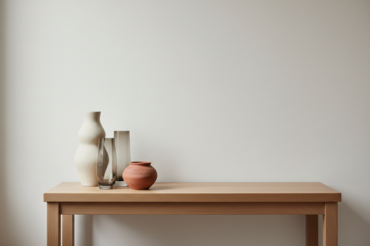 Minimalist home interior with a collection of ceramic and glass vases styled on a console table in neutral tones and soft natural light