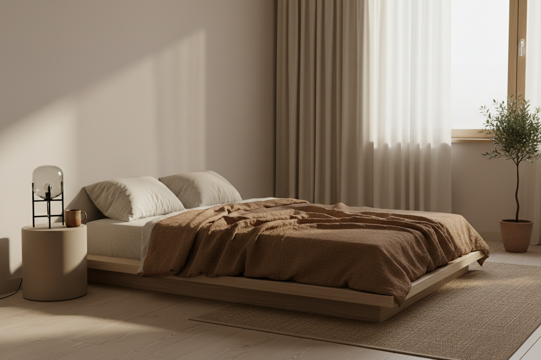 Minimalist fall bedroom with muslin gauze bedspread, glowing bedside lamp, and ceramic mug on nightstand in warm neutral tones