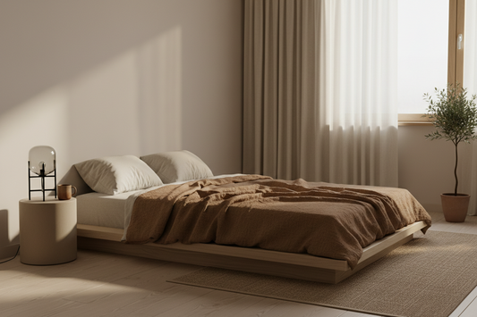 Minimalist fall bedroom with muslin gauze bedspread, glowing bedside lamp, and ceramic mug on nightstand in warm neutral tones