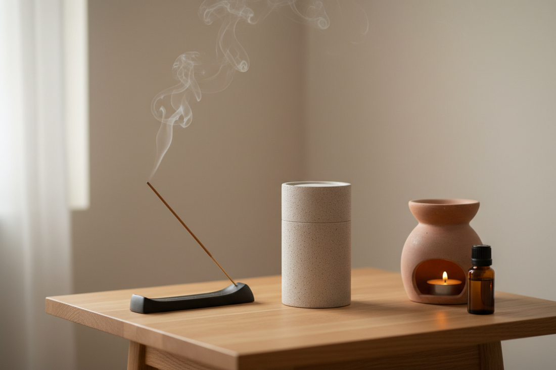 Minimalist home interior styled with a sandstone aroma diffuser, zen incense holder, and terra-cotta oil burner on a wooden side table