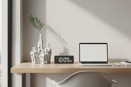 A beautifully curated minimalist sanctuary with [abstract line vases] and a [minimalist digital clock], by Fit-Flow.