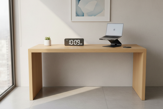 A professional home office setup featuring a minimalist digital clock, aroma diffusers, and cotton waffle knit throws, by Fit-Flow.