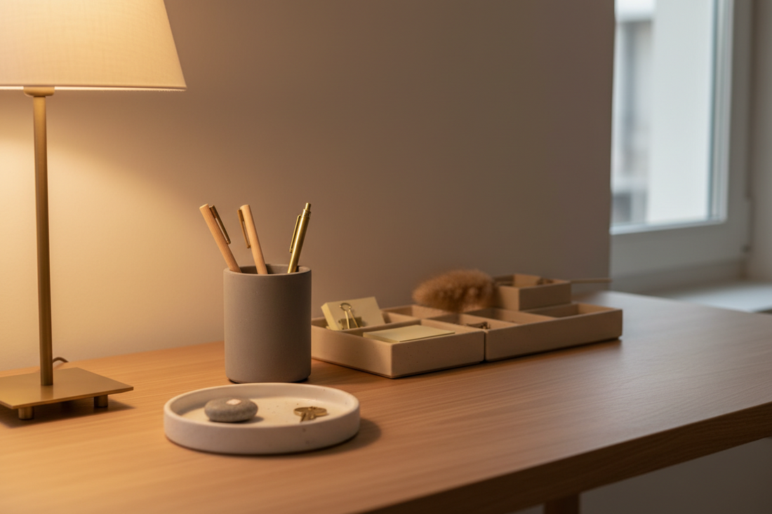 Minimalist fall desk setup with concrete pen holder, modular organizer, and catch-all tray on a light oak surface