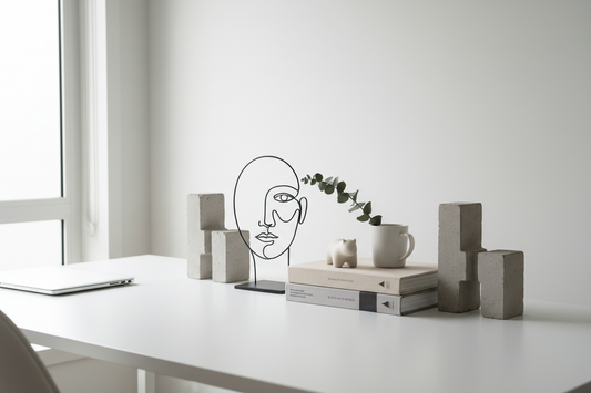 Minimalist home office desk styled with metal line art sculpture, small ceramic figurine, and sculptural bookends in neutral tones