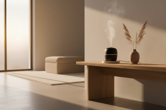 A professional home sanctuary setup featuring aroma diffusers, scent candle, and cotton waffle knit throws, by Fit-Flow.