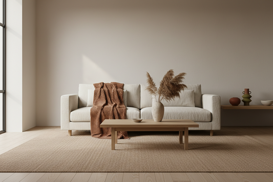 Minimalist Japandi living room with a warm taupe area rug, linen sofa, and cozy fall textiles
