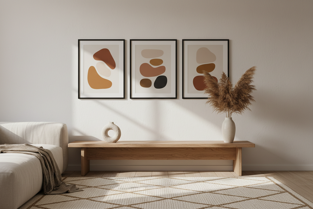 Minimalist Japandi gallery wall with black frames, ceramic sculpture, and warm fall tones above a wooden console