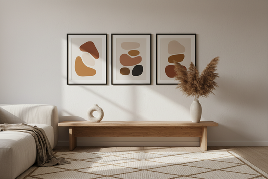 Minimalist Japandi gallery wall with black frames, ceramic sculpture, and warm fall tones above a wooden console