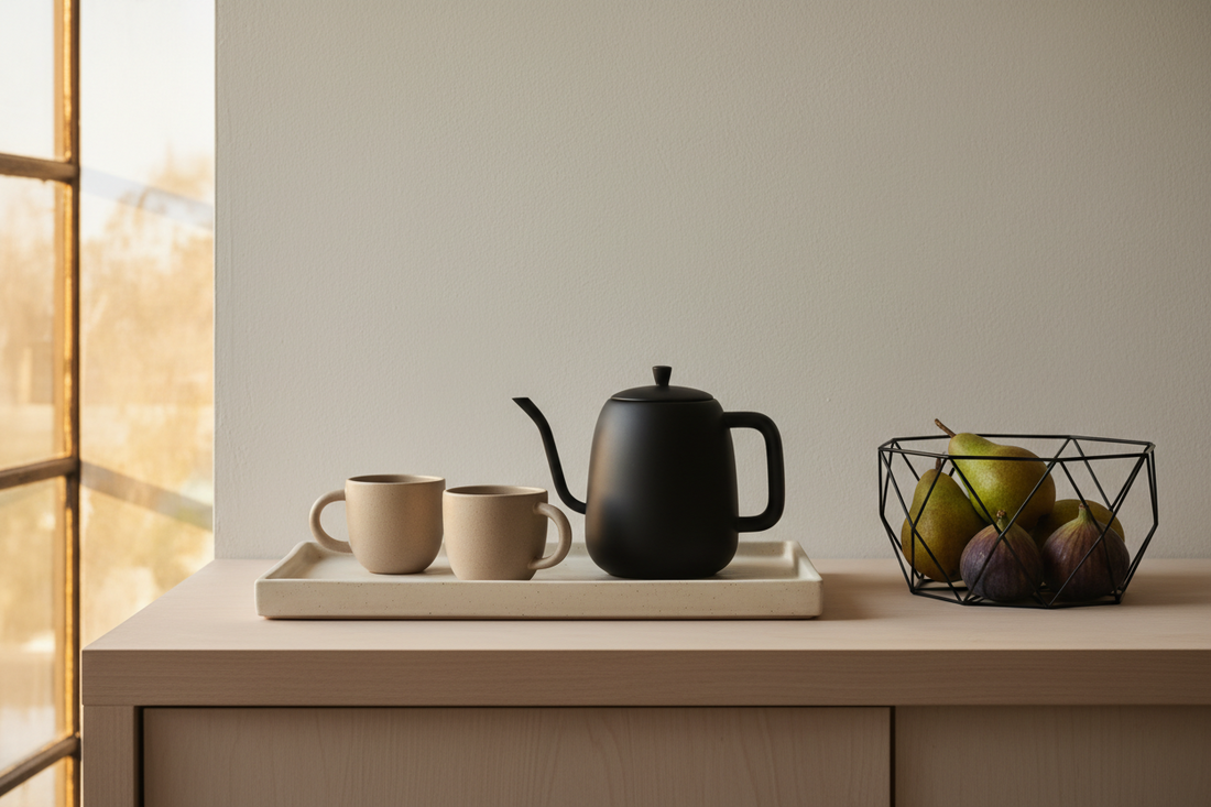 Minimalist fall kitchen counter with ceramic mugs on a tray, wire basket with seasonal fruit, and warm natural lighting